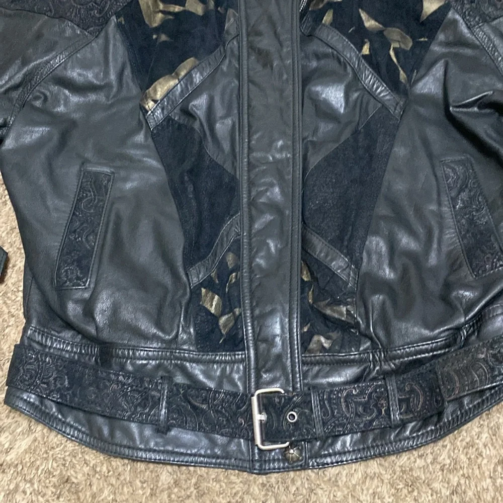 Vintage Nevada Blue Black Cut Design Pattern Leather Jacket Size L - Picture 4 of 12
